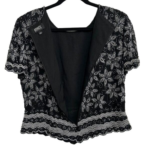 Adrianna Papell Silk Beaded Top L Black Evening Cocktail Scalloped Hem Formal - Picture 4 of 16